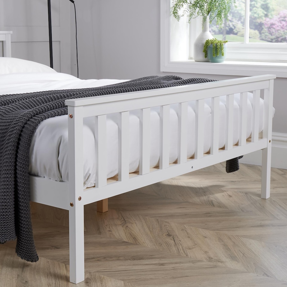 image 1 of Small Double White Wooden Bed 4ft Solid Pine Furniture High End Slatted Base