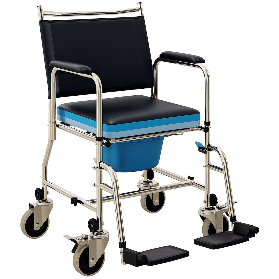 image 1 of HOMCOM Rolling Shower Chair with Wheels, Bedside Commode Wheelchair with Padded Seat, Backrest, for Seniors, Adults, Injured or Disabled, Black