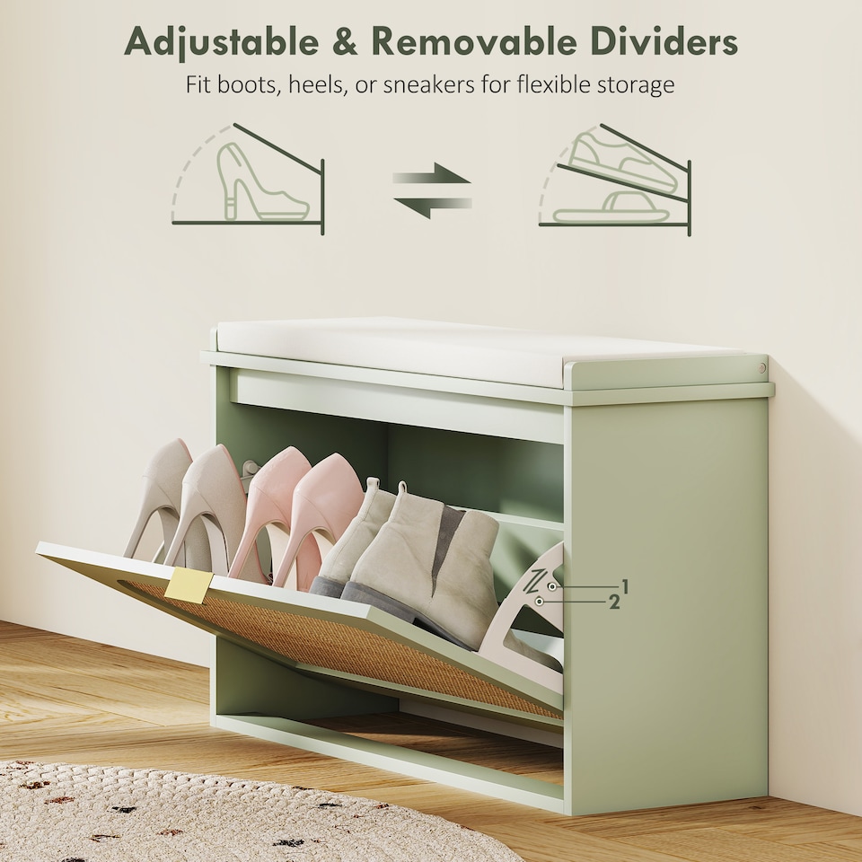 image 1 of HOMCOM Narrow Shoe Bench with Padded Seat and Flip-Drawer, Boho Shoe Storage Bench with Rattan Door and Adjustable Shelf for Hallway, Entryway, Holds 8 Pairs, Light Green | Green | Light Green