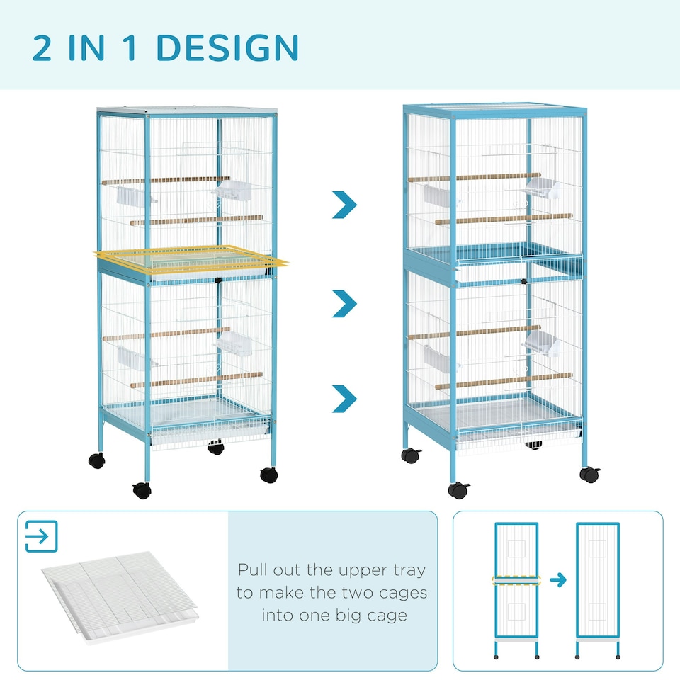 image 1 of PawHut 2 In 1 Large Bird Cage Aviary with Wheels, Slide-out Trays Wood Perches