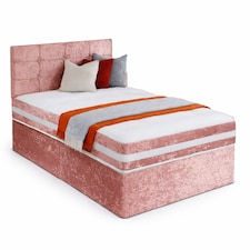 4ft6 Double Pink Crushed Velvet Divan Bed Set Orthopaedic Mattress with Cube Headboard No Drawers