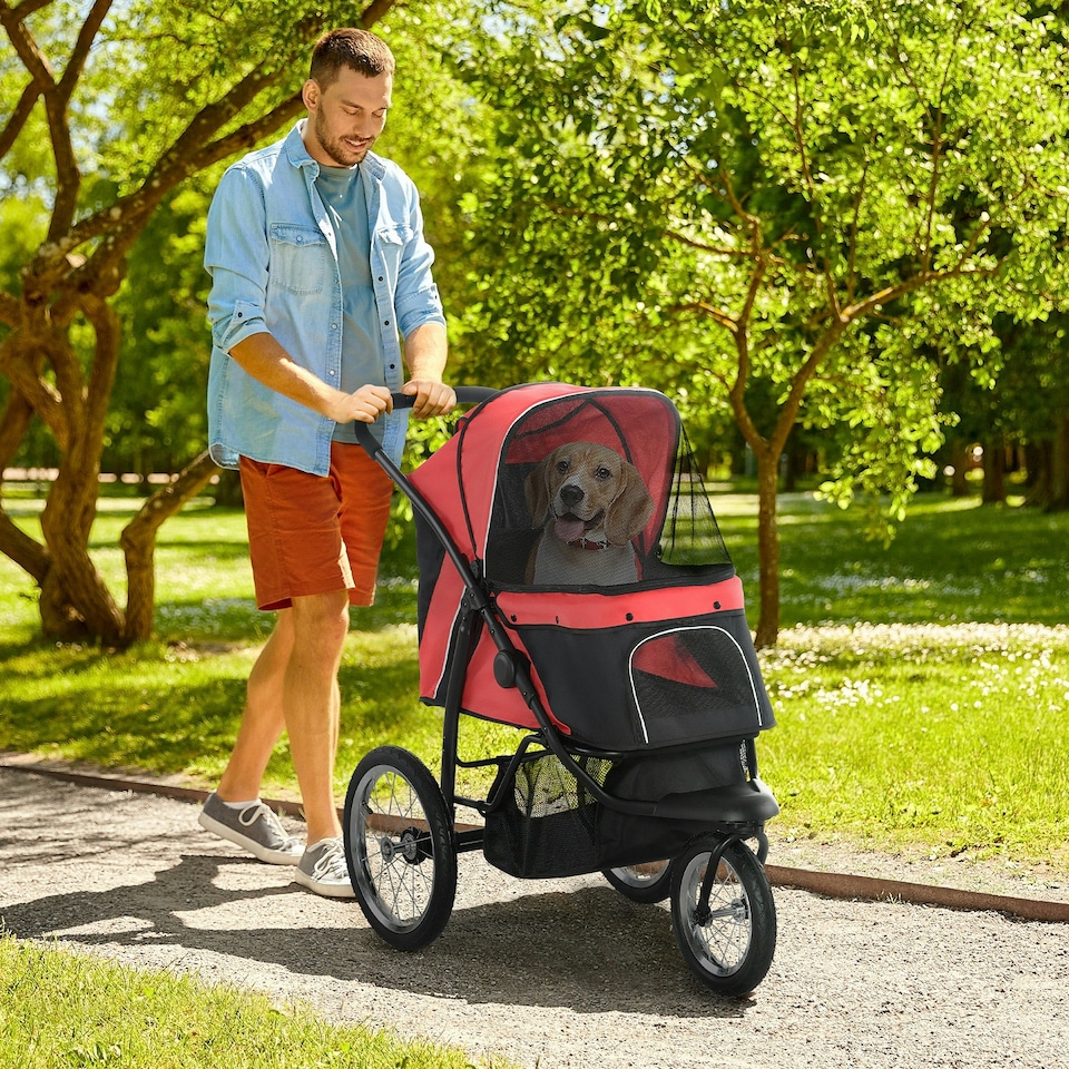image 1 of PawHut Three-Wheel Pet Stroller, for Medium, Small Dogs, Foldable Cat Pram - Red