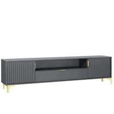 TV Unit 200cm Grey with Fluted Doors, Gold Handles and Central Drawer | Grey | One Size | 1