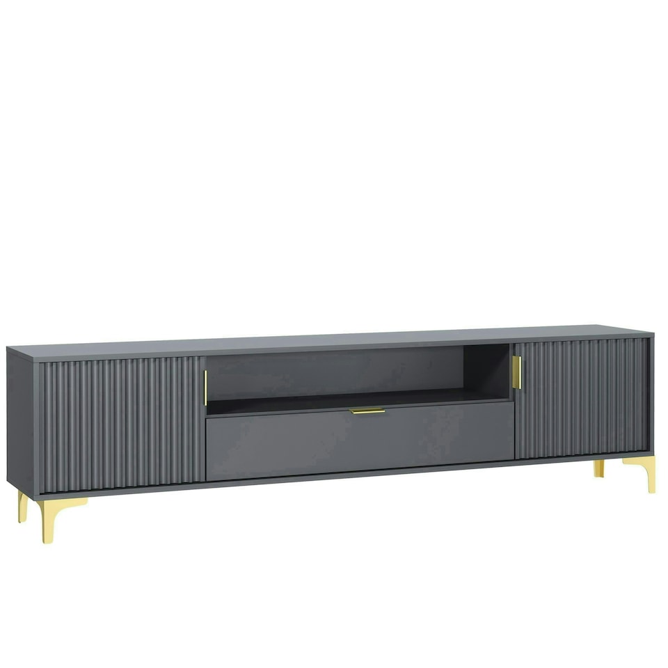 image 1 of TV Unit 200cm Grey with Fluted Doors, Gold Handles and Central Drawer | Grey | One Size | 1