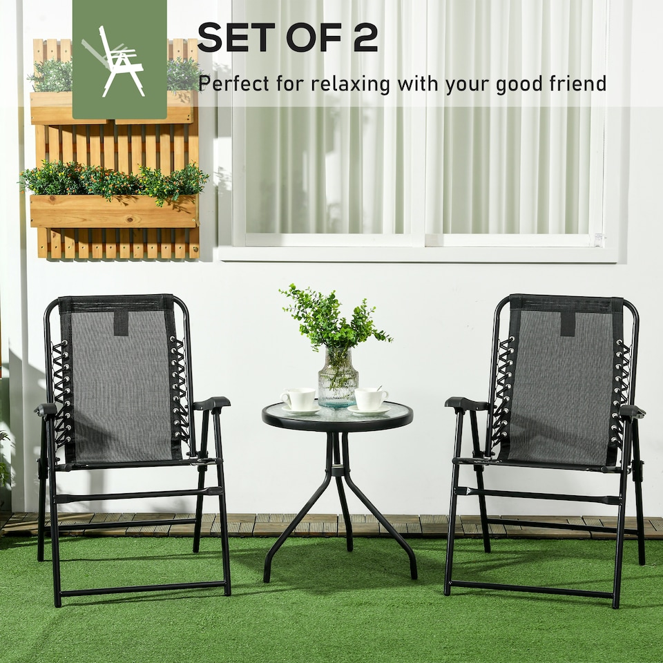 image 1 of Outsunny Set of 2 Patio Folding Chair Set, Garden Portable Outdoor Chairs with Armrest and Breathable Mesh Fabric Seat and Backrest, for Camping, Beach, Deck, Lawn, Black