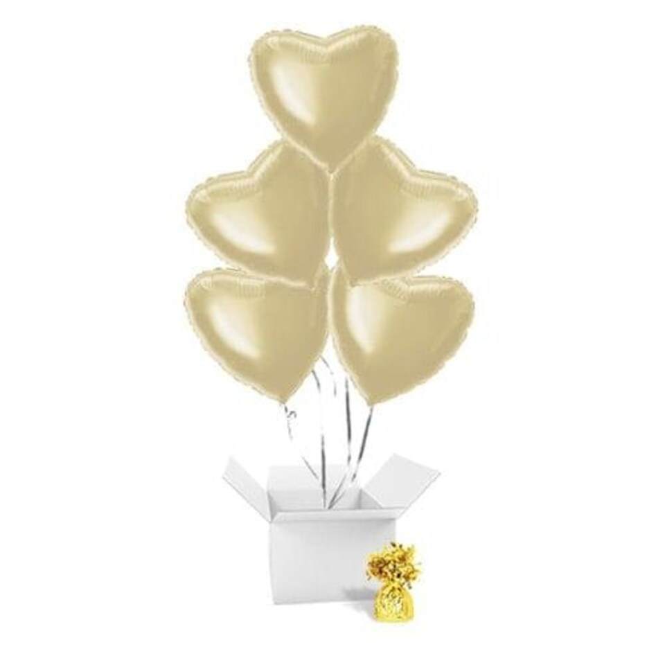 Soft Gold Heart Shape Foil Helium Balloon Bouquet - 5 Inflated Balloons In A Box