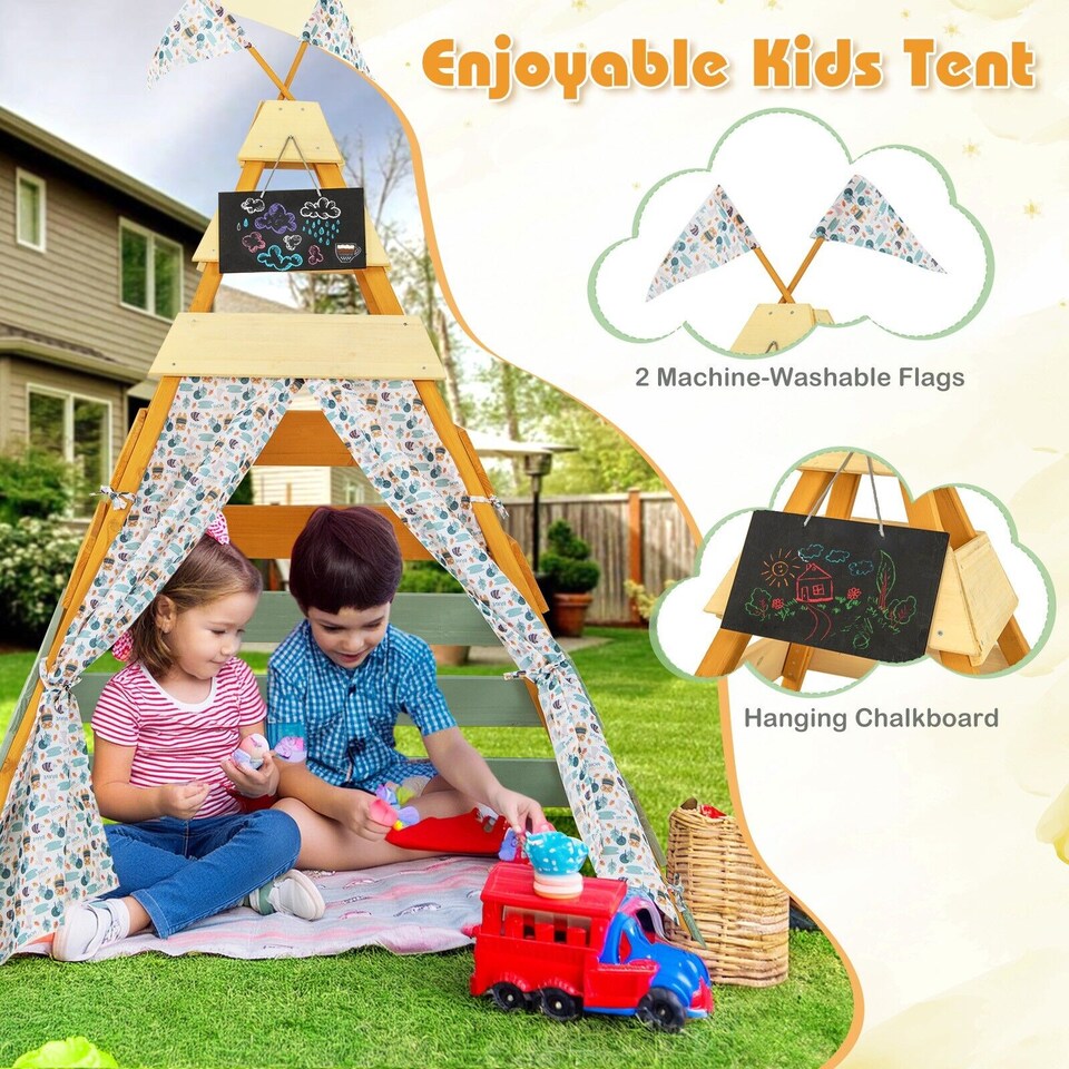 image 1 of COSTWAY Wooden Play Tent Indoor Kids Teepee Tent Triangle Hideaway Playhouse
