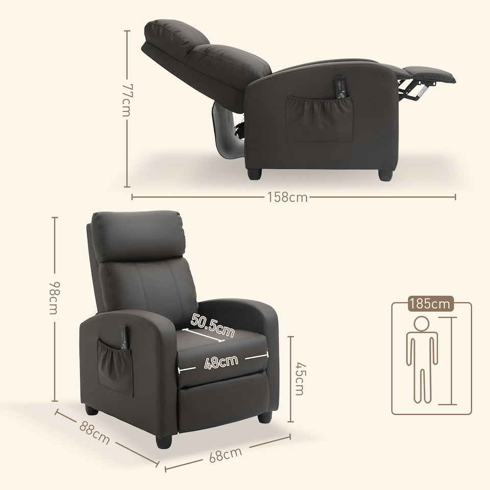 image 1 of HOMCOM Recliner Sofa Chair PU Leather Massage Armcair w/ Remote Control, Brown