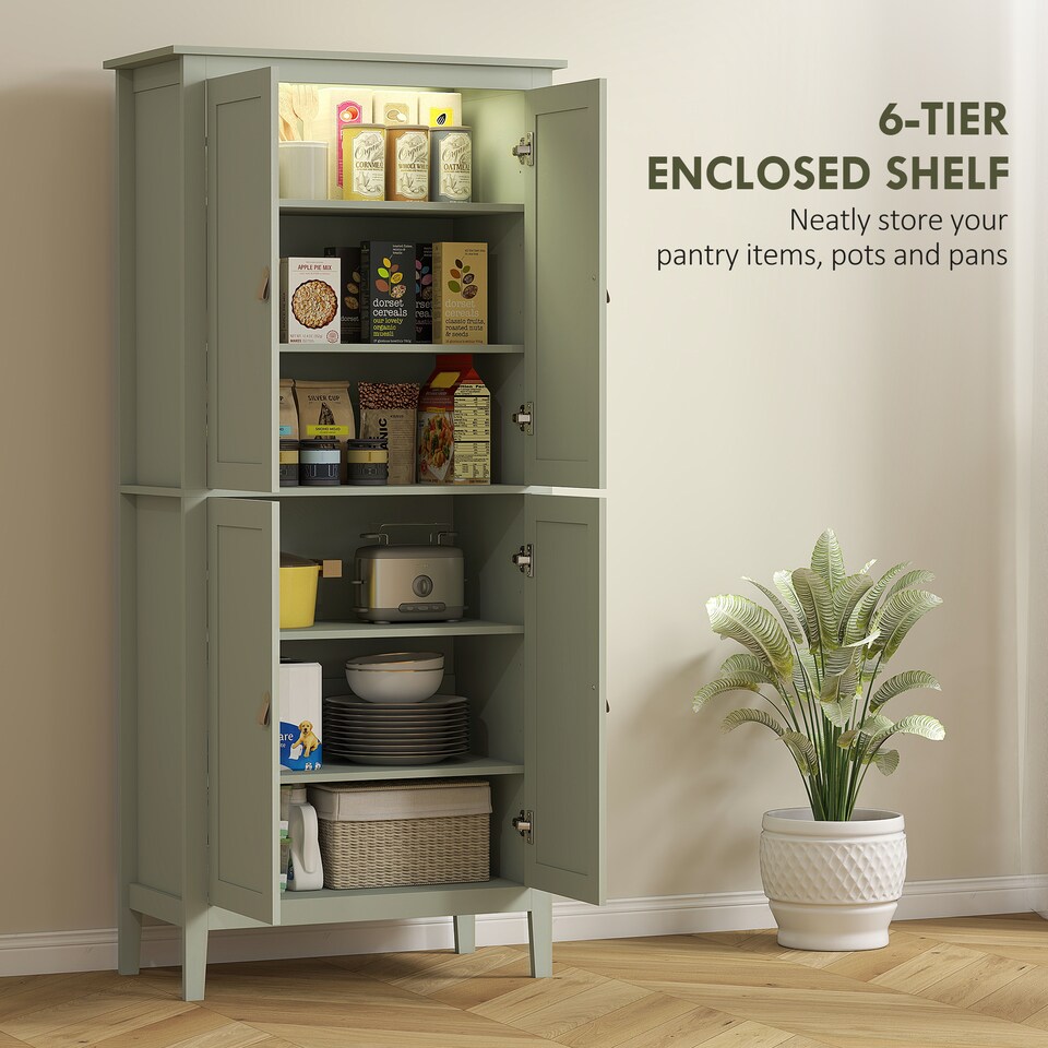image 1 of HOMCOM 176.5 cm Tall Freestanding Pantry Storage Cabinet with 4 Doors Green