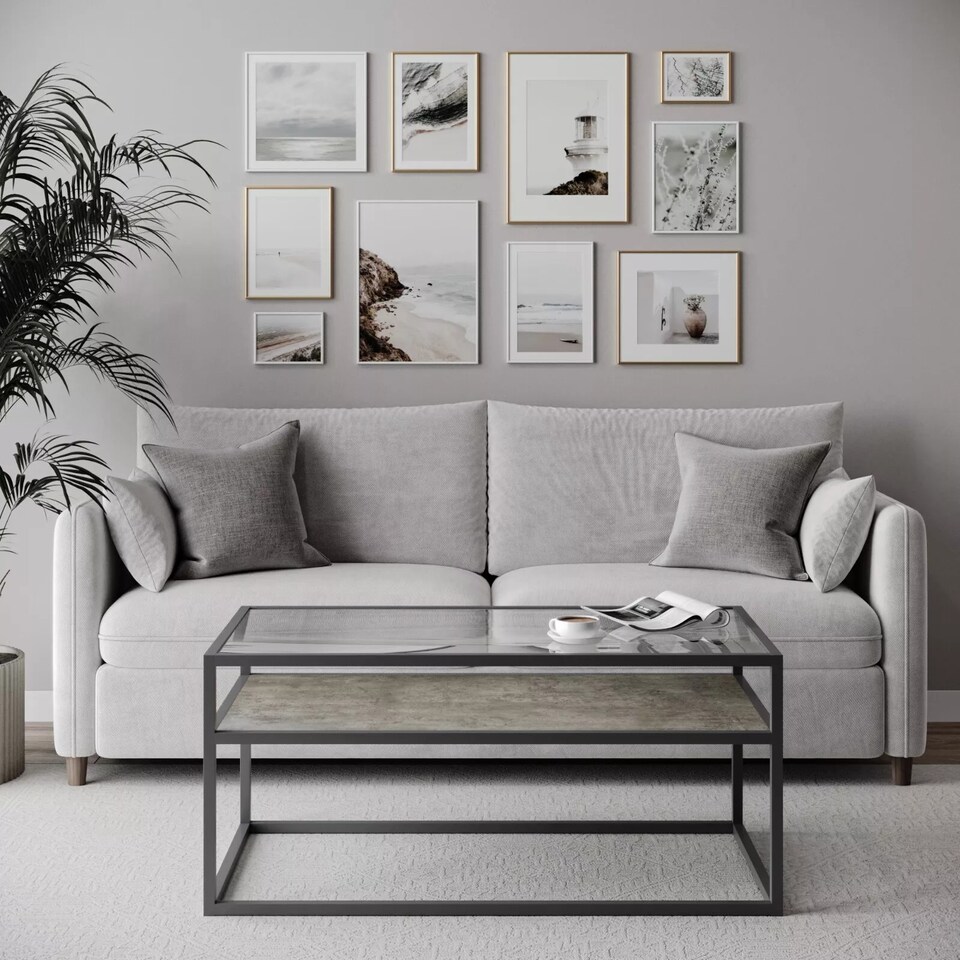 image 1 of Glass Display Top Coffee Table with Steel Frame Reversible Wooden Storage Shelf | Black | Concrete