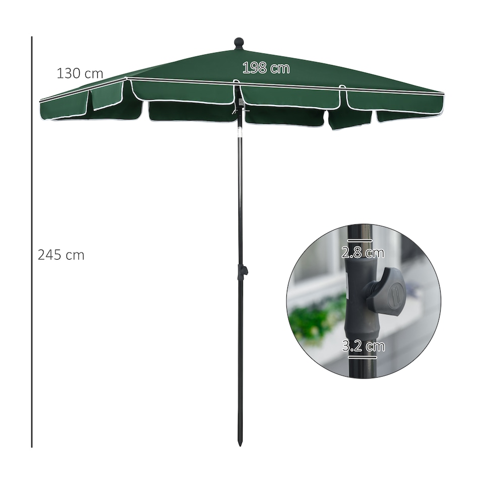 image 1 of Outsunny 2 x 1.3m Garden Parasol Umbrella, Outdoor Market Table Umbrella with Ruffles  Aluminium Pole, Rectangular Tilting Parasol Sun Shade Canopy, Green