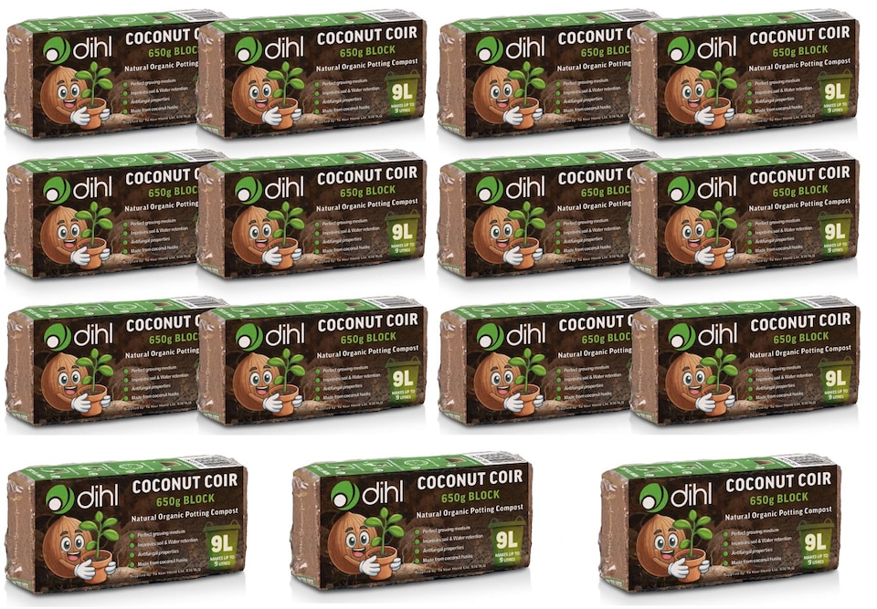 image 1 of Dihl 15x 650g Organic Coconut Coco Coir Fibre Compost Block Bricks, 100% Natural Compressed Peat-Free Garden Growing Medium, Seedling Potting Beeding Soil, pH Balanced - 9.75 KG 135 Litres