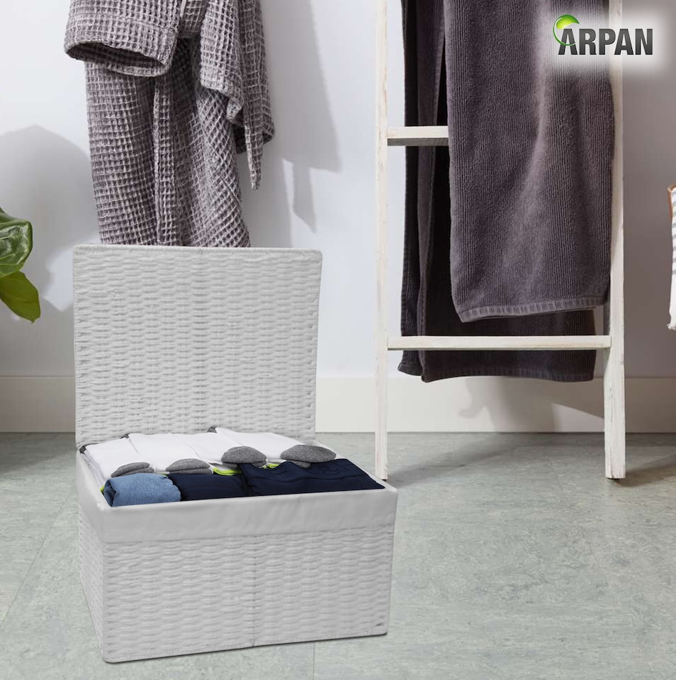 image 1 of White Paper Rope Woven Storage Xmas Hamper Basket Box with White Cloth Lining – Decorative Gift Basket for Christmas, Weddings, Parties & Home Storage