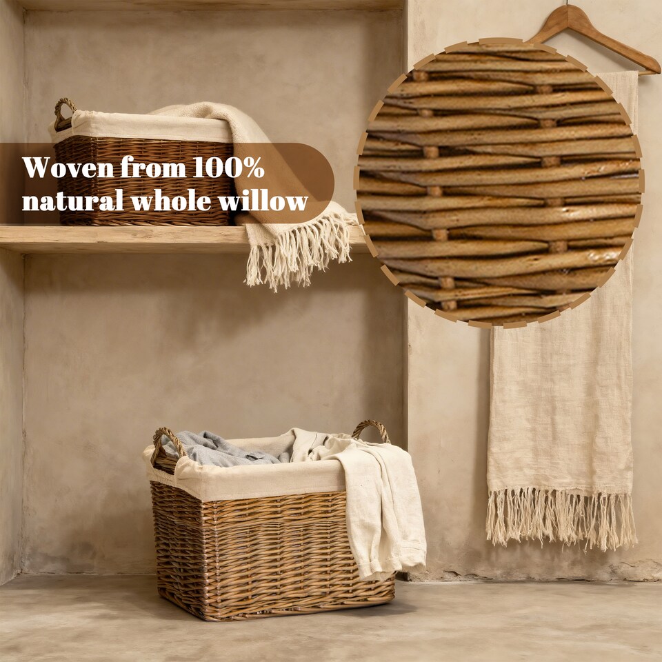 image 1 of Wickerfield Wicker Laundry Basket with Lining, Large Storage Basket with Handle, Home Storage for Washing, Toys, Nursery (Brown, Rectangular, Large)