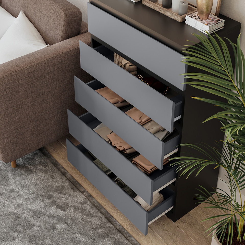 image 1 of Minimalist Chest of 5 Drawers 108.5x70x35 | Black | Black & Grey | 1