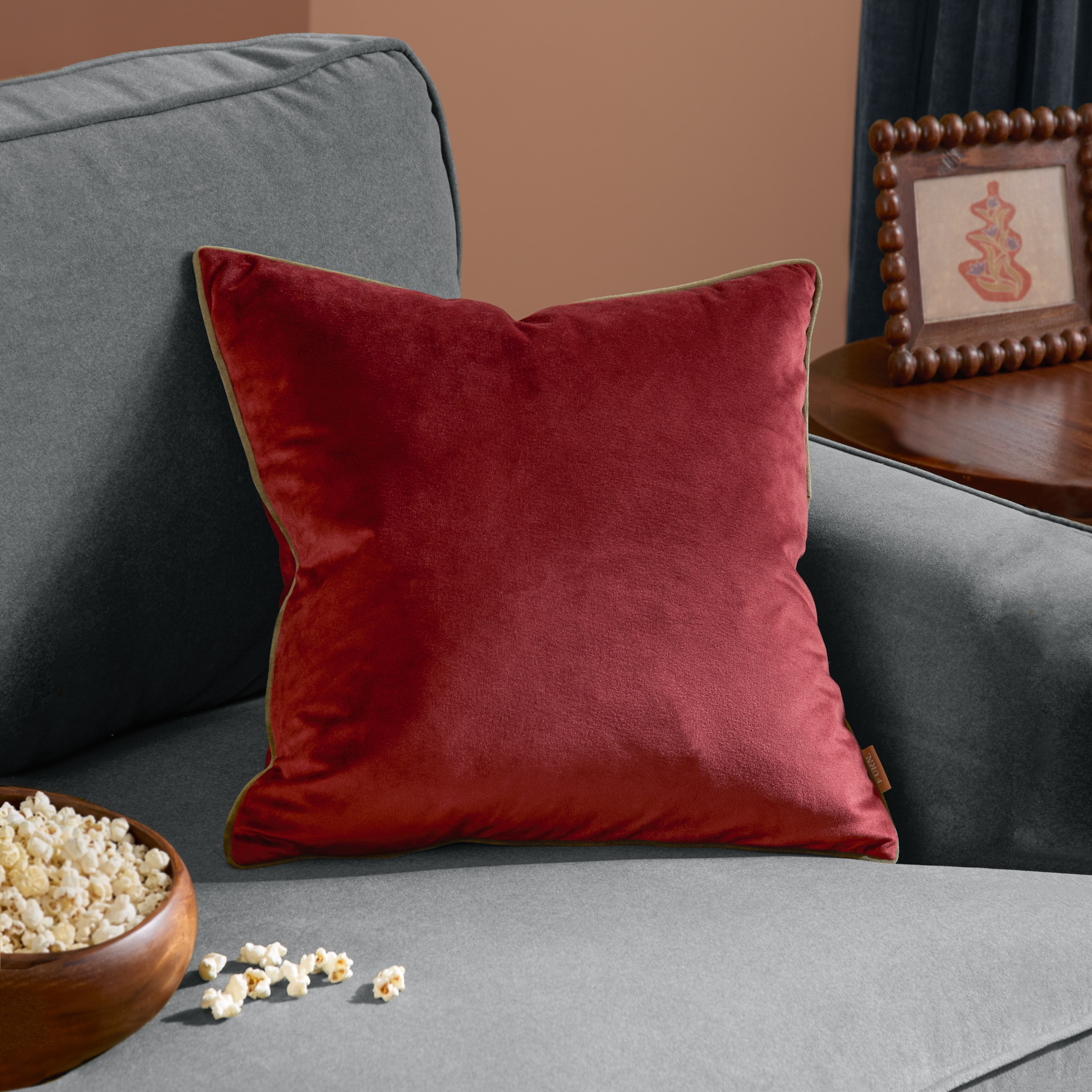 Furn Meridian Plain Velvet Piped Cushion in Dark Red | Size: 45 cm x 45 cm