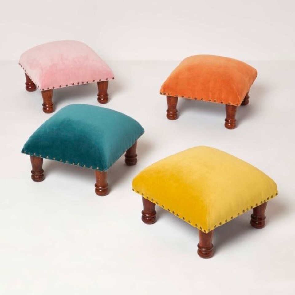 image 1 of Homescapes Mable Pink Velvet Square Footstool