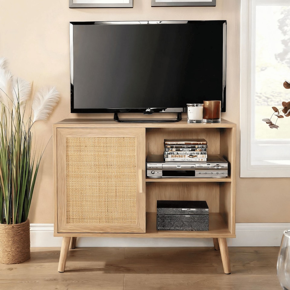 image 1 of Sideboard 1 Rattan Door Front Open Shelving Cabinet Living Home Furniture Unit