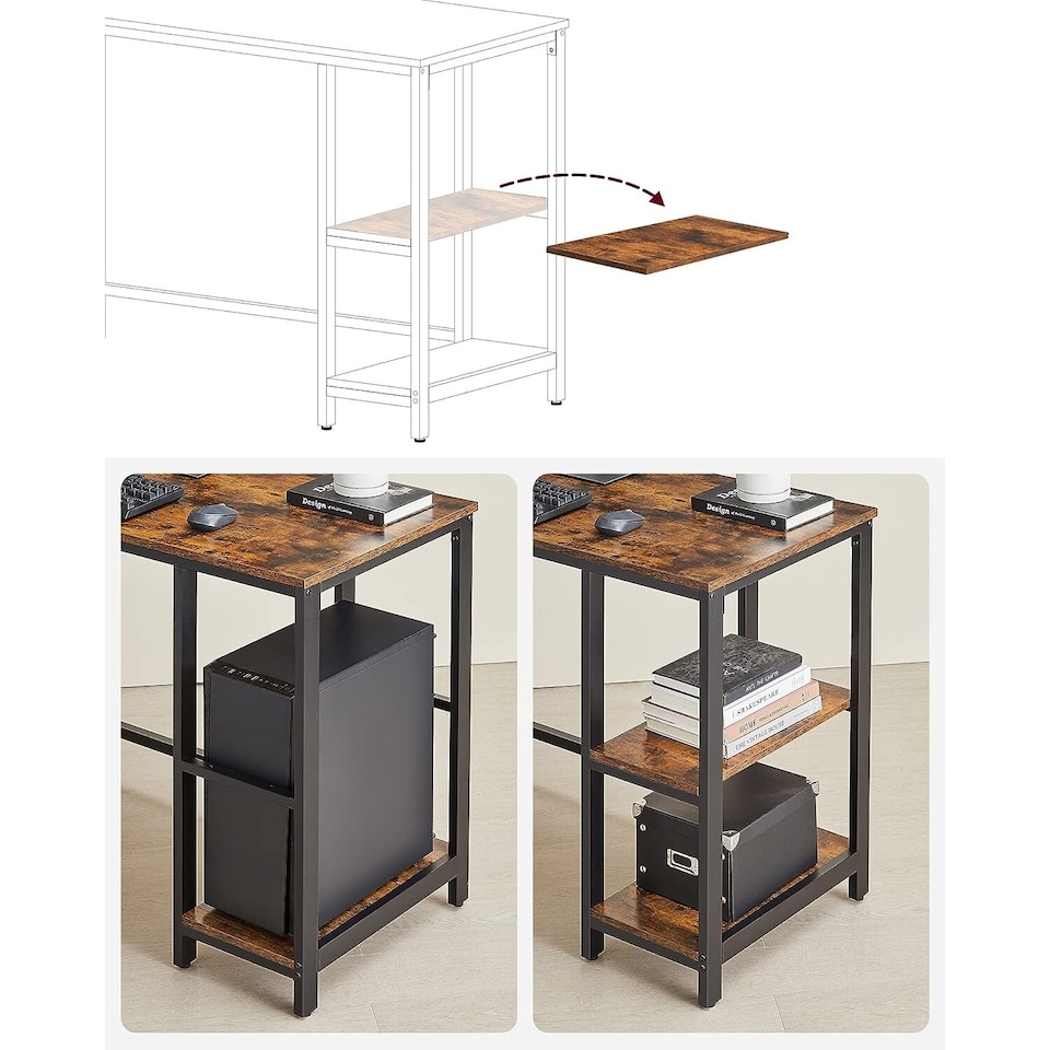 image 1 of Space Saving L-Shaped Computer Desk with Shelves, Home Office Workstation, Rustic Brown and Black
