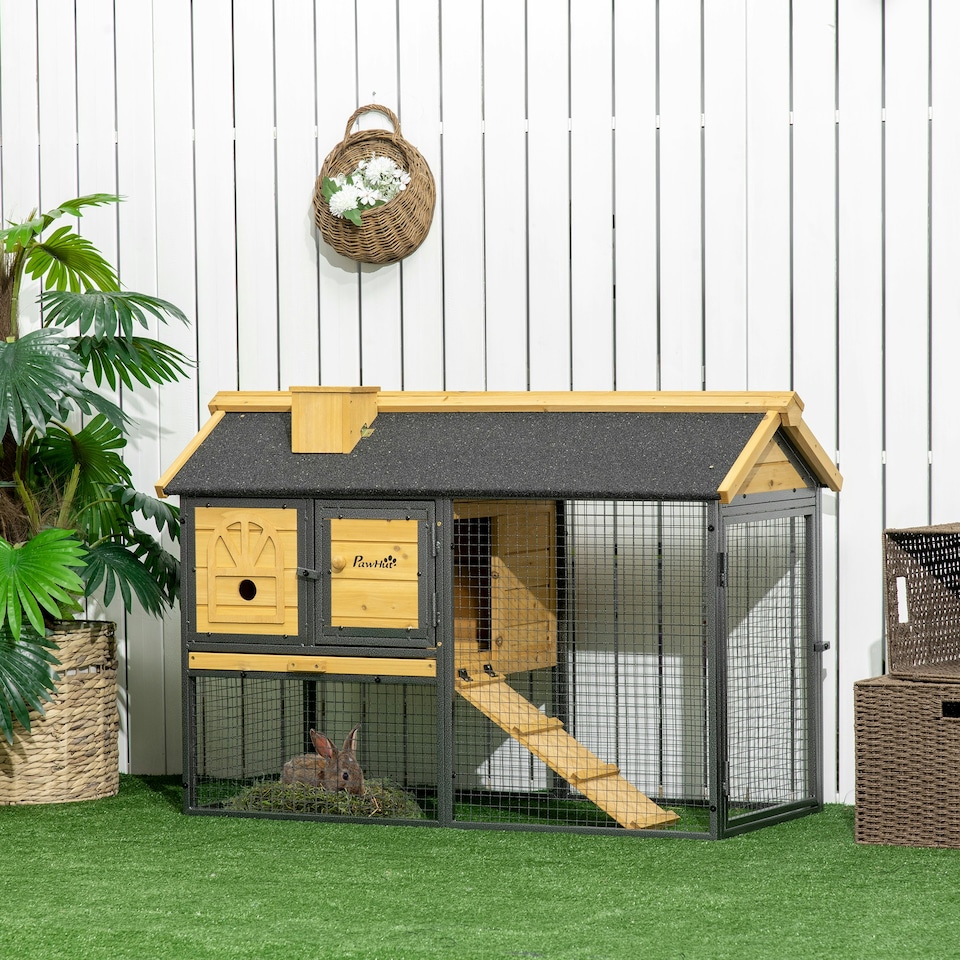 image 1 of PawHut Rabbit Hutch, Guinea Pig Hutch 2 Tiers w/Tray & Ramp, for 1-2 Rabbits