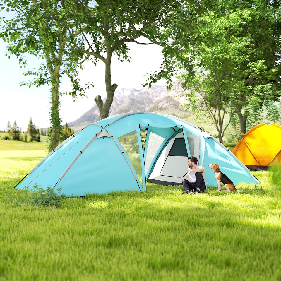 image 1 of Outsunny 4-6 Man Family Camping Tent with 2 Bedrooms, a Living Room | Blue | Blue