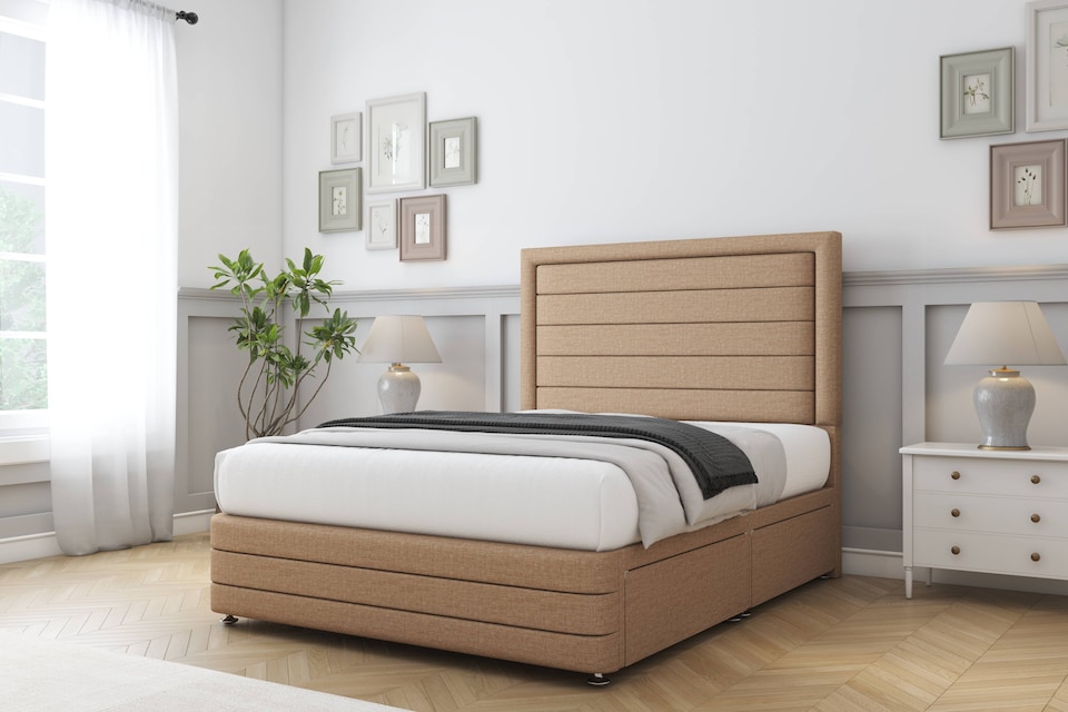image 1 of Sloomy Ashford Latte Dumfries Divan Bed Base 2 Drawers Right Side With 26 Inch Strutted Headboard & 12 Inch Matching Footboard | Brown | Latte | Small Single | 1