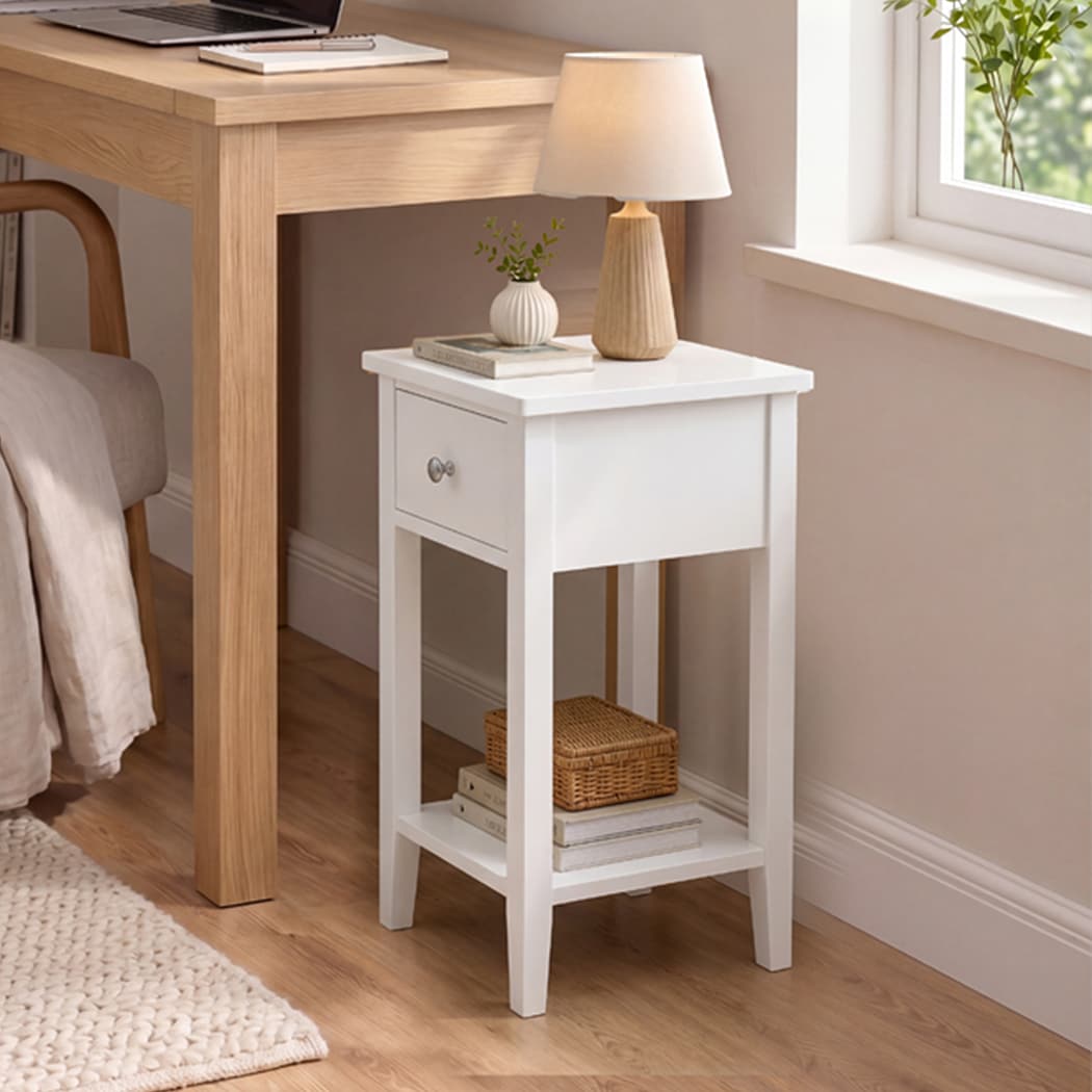Levede Bedside Table Narrow Modern End Table Drawer & Shelf Bedroom White