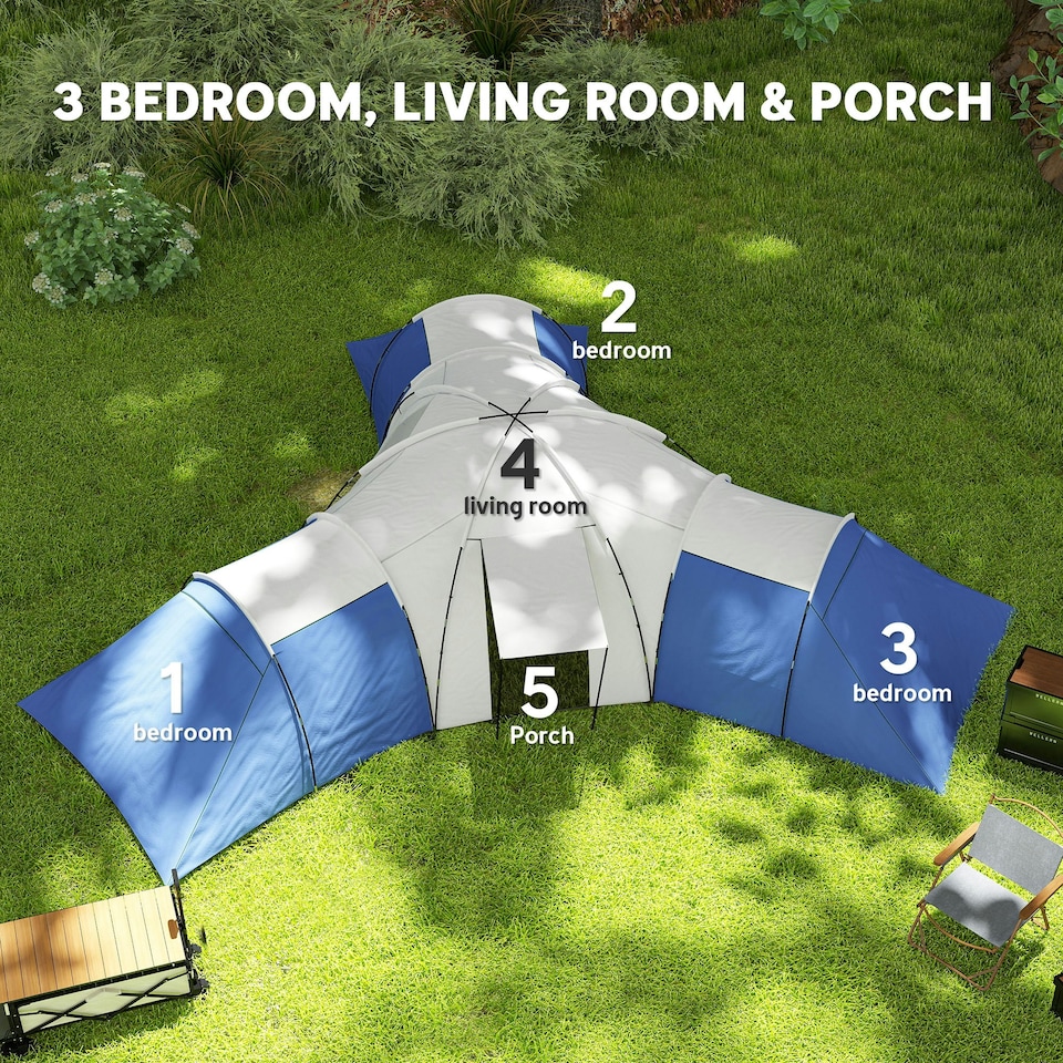 image 1 of Outsunny Large Tunnel Tent with 3 Bedroom, Living Area and Porch, Blue Blue | Blue