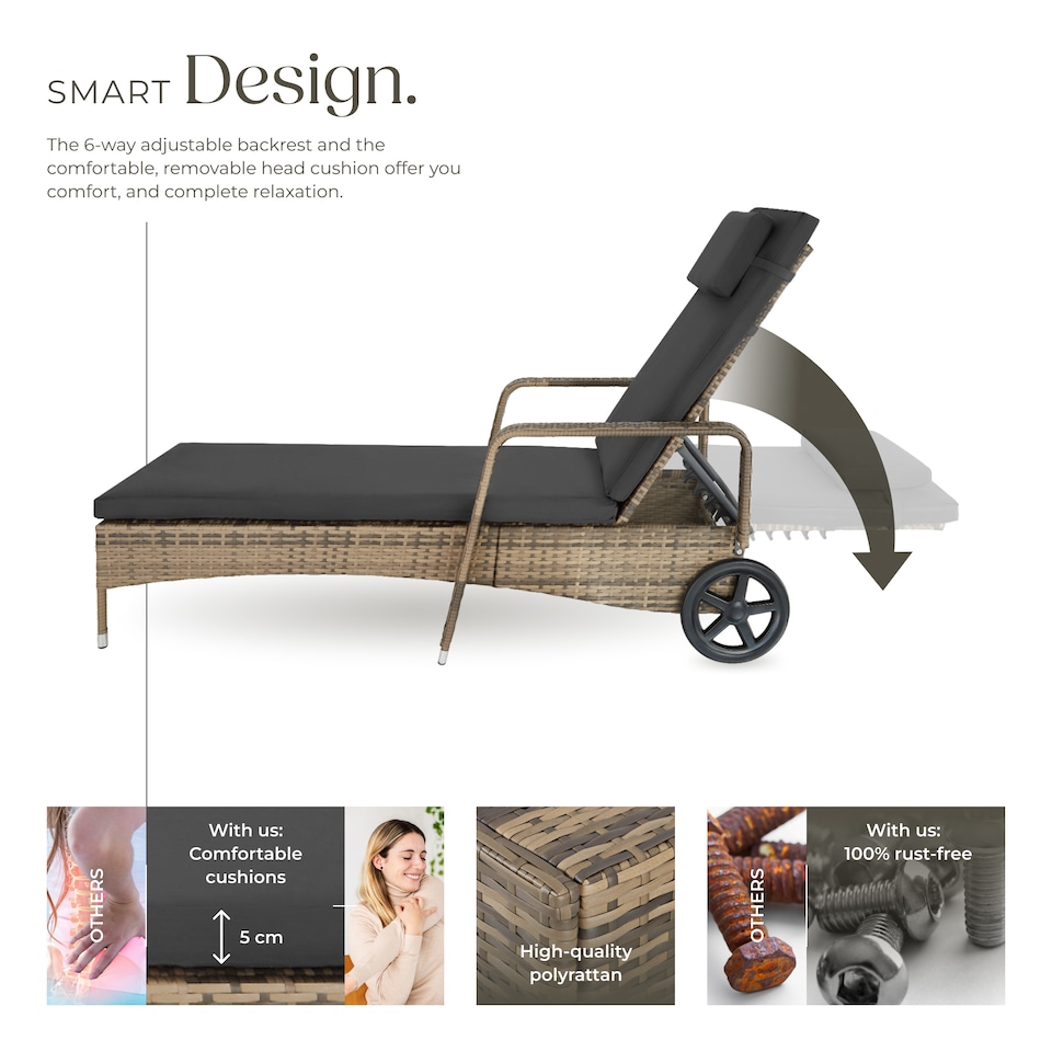 image 1 of Sun Lounger - 6-position backrest, weather and UV-resistant, soft pillow, two wheels | Cream | nature/dark grey | 1