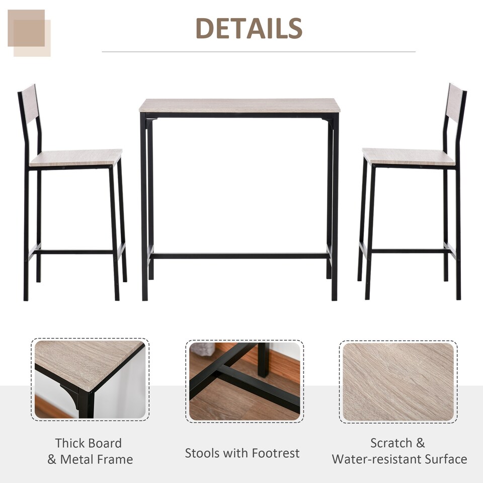 image 1 of HOMCOM 3-Piece Bar Table and Stools Set, Industrial Breakfast Bar Set with Footrest, Backrest, Metal Frame, Kitchen Table and 2 Chairs for Dining Room, Small Space, Natural Wood Finish