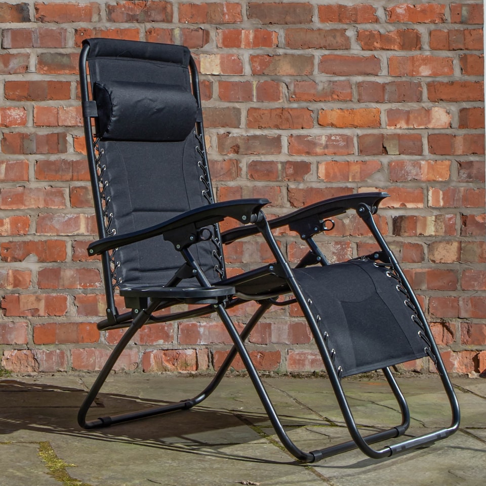 image 1 of Set of 2 Luxury Padded Multi Position Zero Gravity Garden Relaxer Chair Lounger in All Black