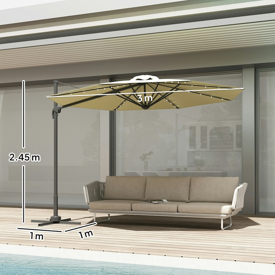 image 1 of Outsunny 3(m) Cantilever Parasol Patio Sun Umbrella w/ Base Solar Lights Beige