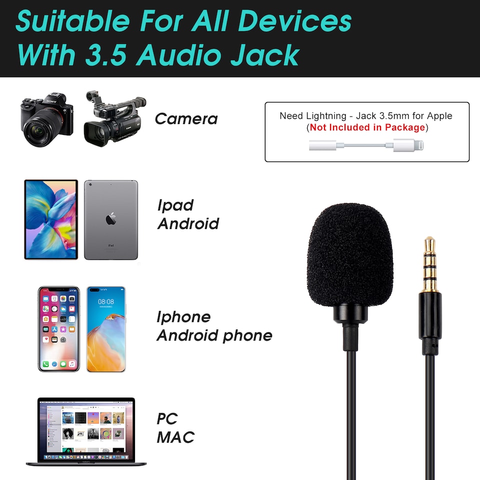 image 1 of Lavalier Lapel Microphone Clip-On Omnidirectional TRRS TRS - Daffodil MCP100