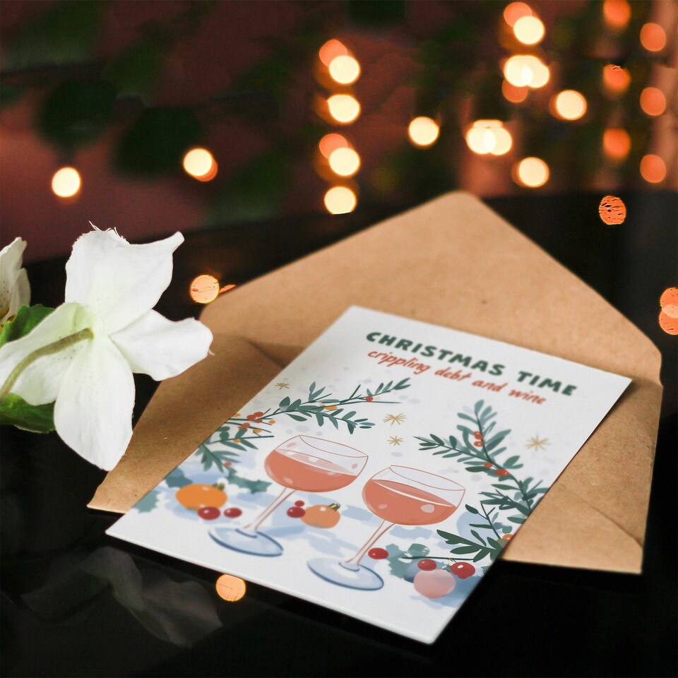 image 1 of Crippling Debt And Wine Time Funny Blank For Him Or Her Art Christmas Card