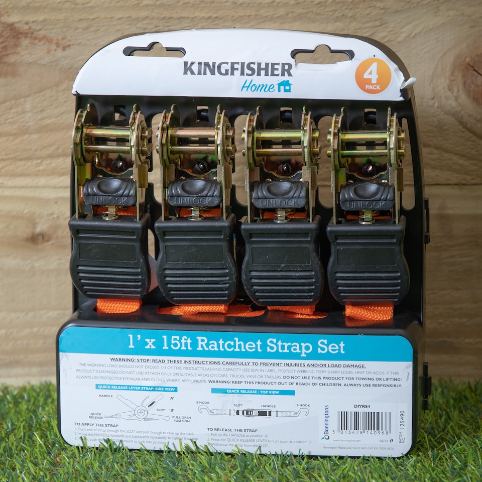 image 1 of 4 Pack of 1 Inch x 15 ft Heavy Duty Orange Ratchet Strap Set with S Hooks DIY