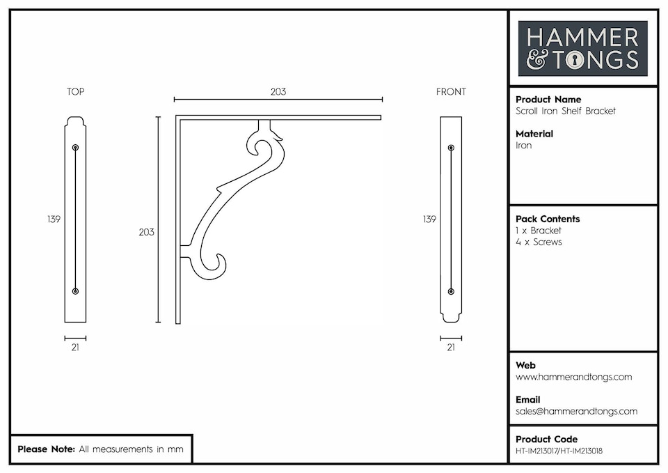 image 1 of Hammer & Tongs Scroll Iron Shelf Bracket - D205mm - Black