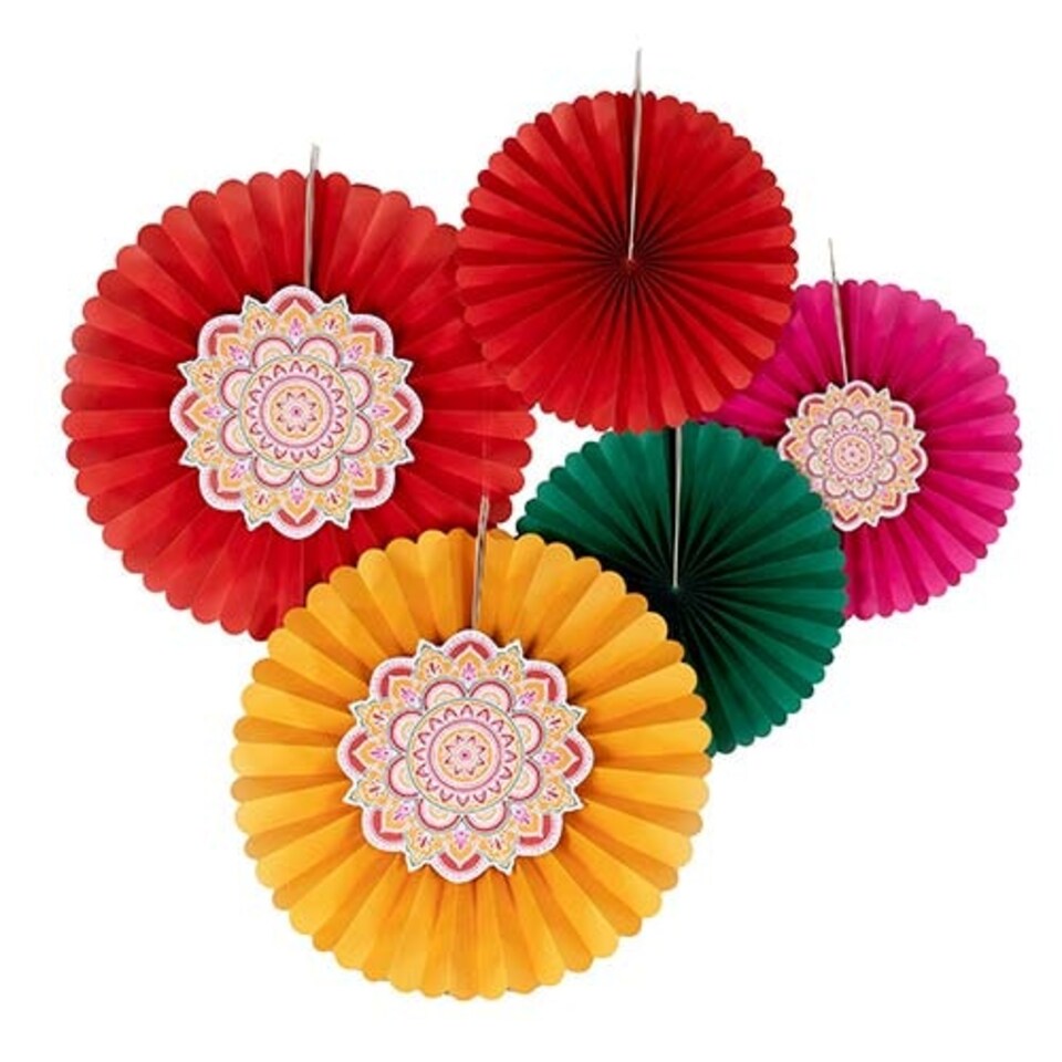 image 1 of Multicoloured Diwali Paper Fan Hanging Decorations - Pack of 5