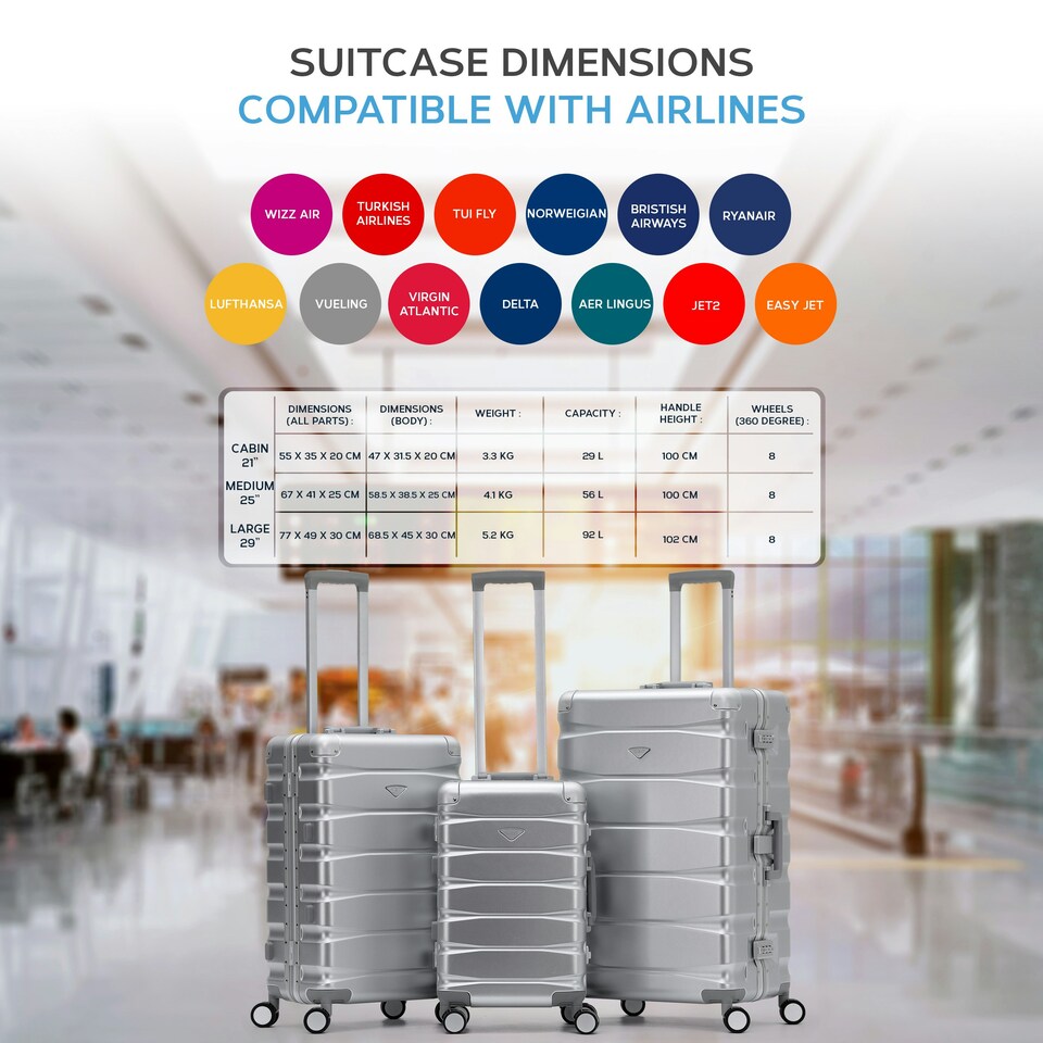 image 1 of Flight Knight Premium Travel Suitcase - 8 Wheels Built-in TSA Lock Aluminium Frame, ABS Hard Shell Carry on Check in Luggage - 100+ Airlines Approved Silver | Large