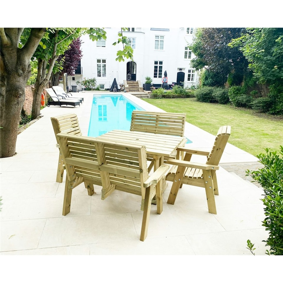image 1 of Heavy Duty Table and Chair Set - 1 Square Table - 2 Chairs - 2x 2 Seater Benches - 6 Seater