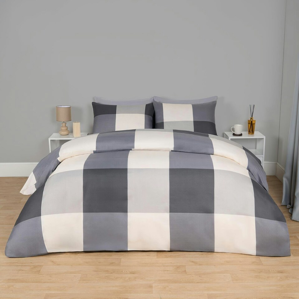 image 1 of OHS Gingham Check Reversible Duvet Cover and Pillowcase Bedding Set, Double - Grey