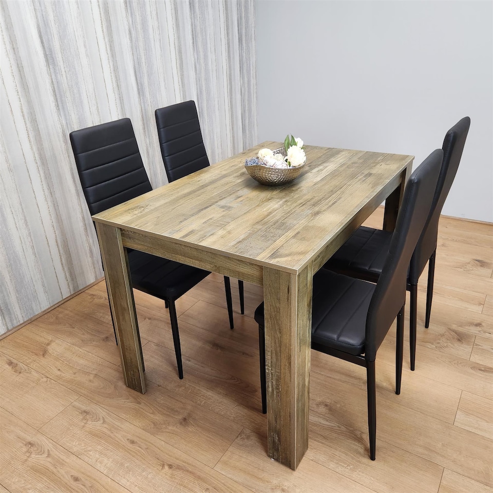 image 1 of Dining Table and 4 Chairs Rustic Effect Wood Table with 4 Black Faux Leather Dining Chairs