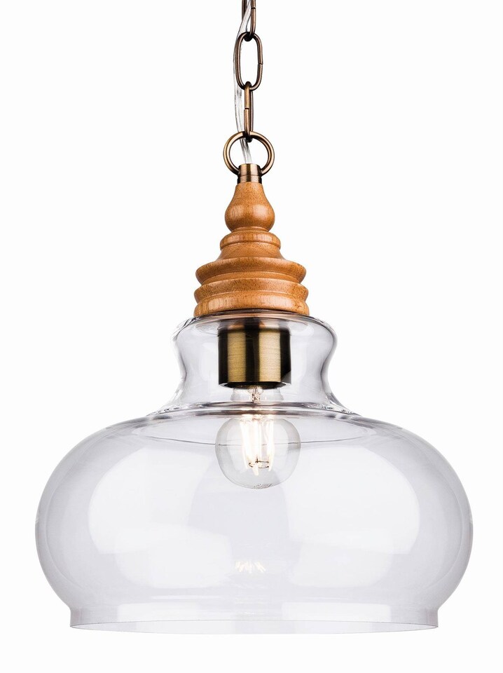 Comet 1 Light Dome Ceiling Pendant Natural Wood with Clear Glass, E27
