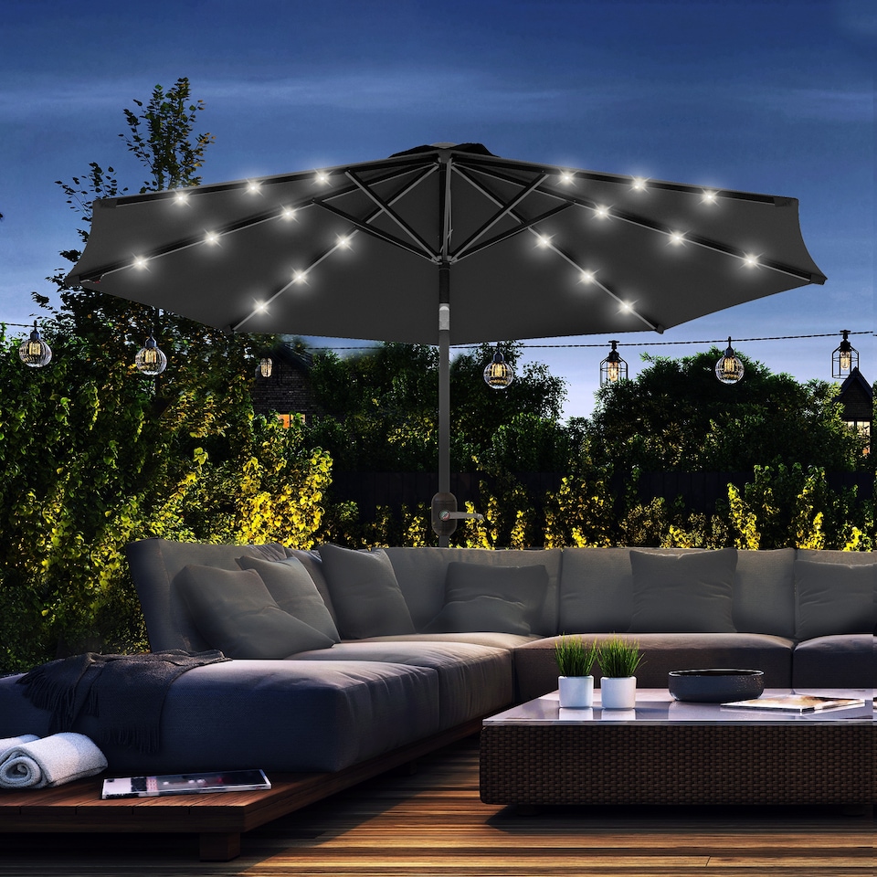 image 1 of Outsunny 2.7m Patio Garden Umbrella Outdoor Parasol Outdoor Market Table Umbrella with Tilt Crank and 24 LEDs Lights Black