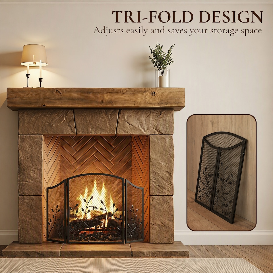 image 1 of HOMCOM 3-Panel Folding Fireplace Screen for Protection, Black
