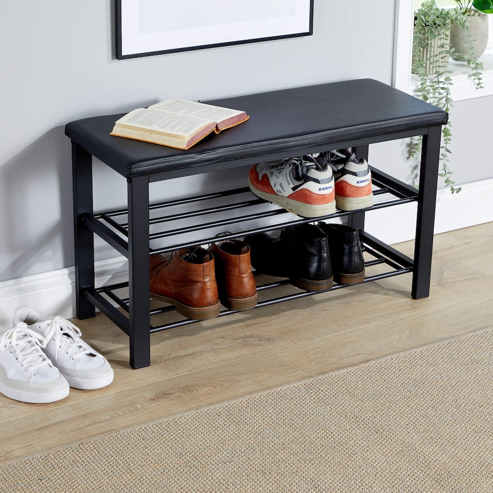 image 1 of Metal Shoe Bench with Storage Shelfs For Entryway Hallway Seating | Black
