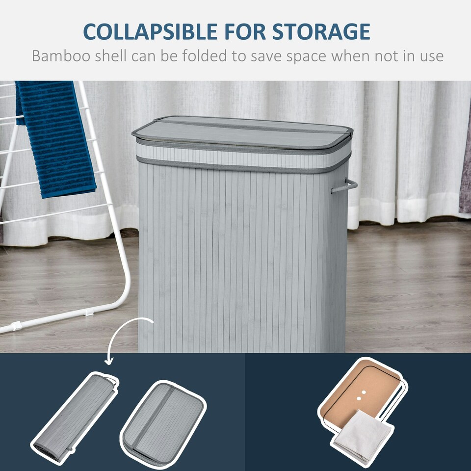 image 1 of HOMCOM 100L Wood Laundry Basket A Compartment Flip Lid Removable Lining Grey