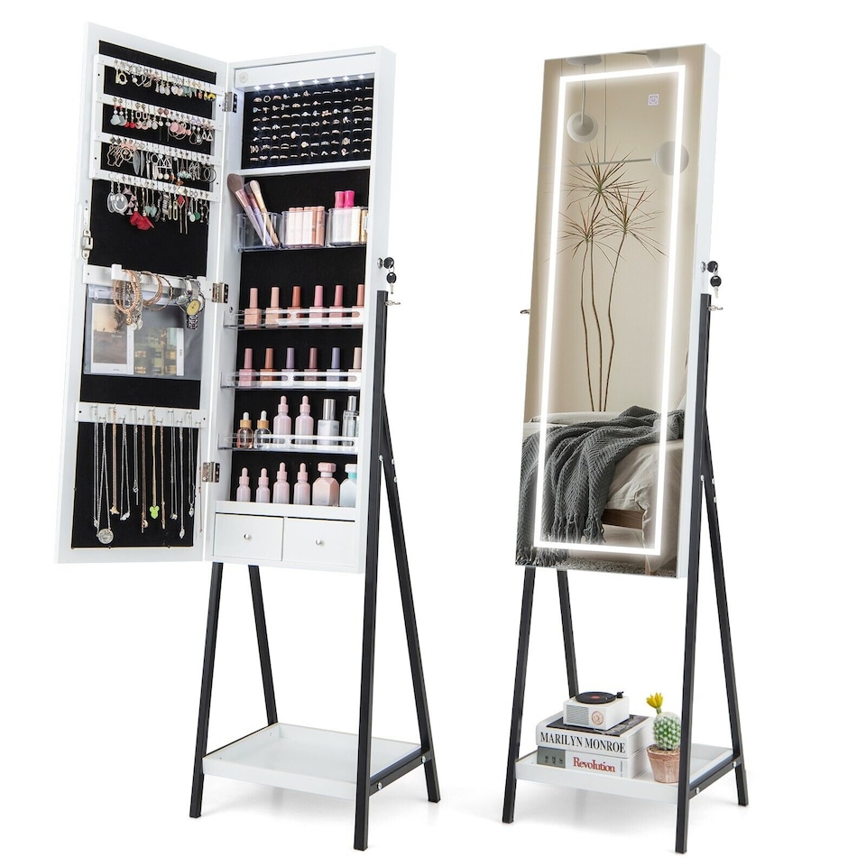 image 1 of COSTWAY LED Standing Jewelry Mirror Cabinet Jewelry Armoire Organizer-White