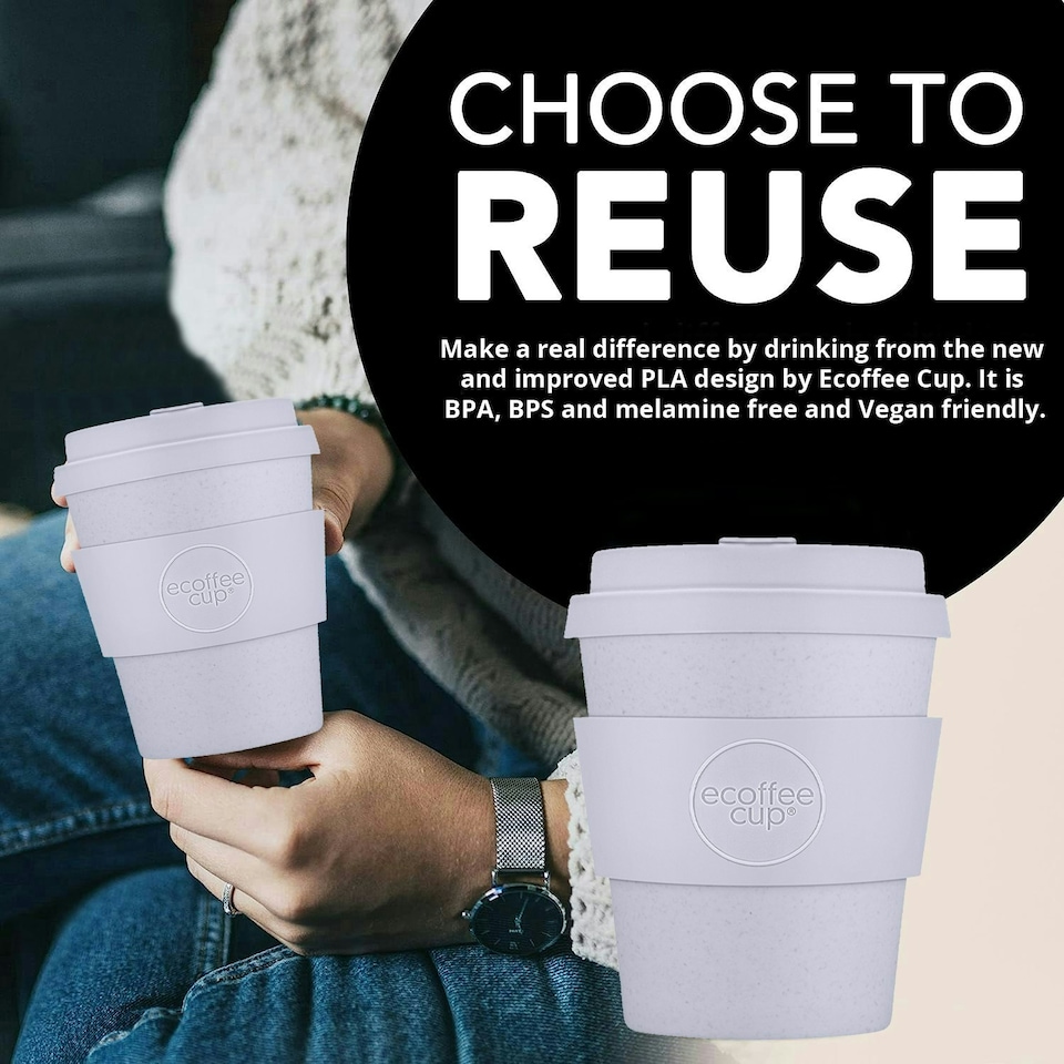 image 1 of Ecoffee Cup 8oz 240ml Reusable Eco-Friendly 100% Plant Based Coffee Cup with Silicone Lid & Sleeve - Melamine Free Travel Mug N/A | Glittertind