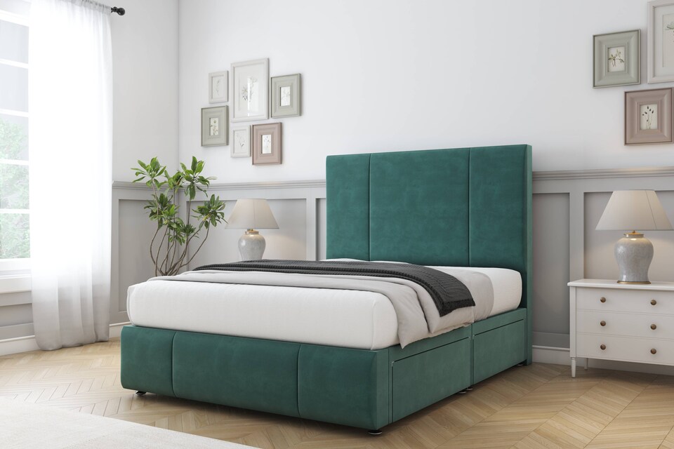 image 1 of Sloomy Lisbon Emerald Plush Divan Bed Base 2 Drawers Right Side With 26 Inch Strutted Headboard & 12 Inch Matching Footboard | Green | Emerald | Small Single | 1