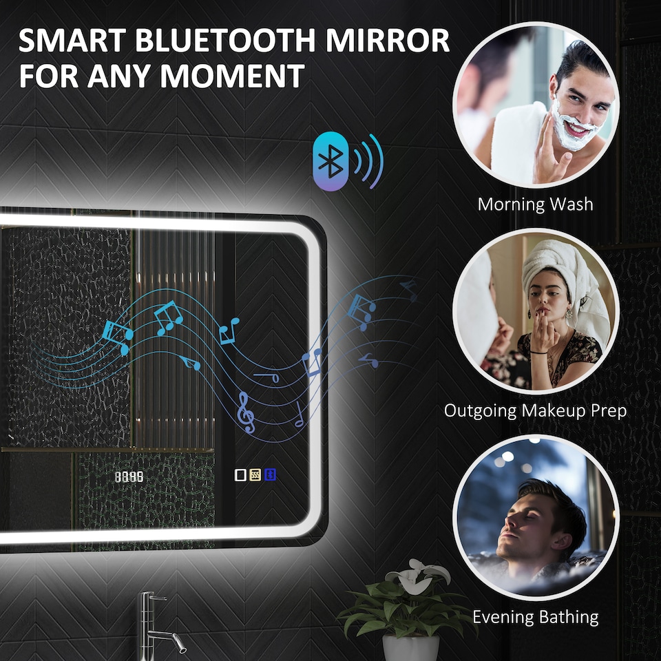 image 1 of HOMCOM 600  800 mm Bluetooth Bathroom Mirror with LED Lights, Illuminated Backlit Wall Mounted Vanity Mirror with 3 Colours Dimmable, Clock, Anti-Fog, Memory Touch Switch, IP44 | Silver | 1
